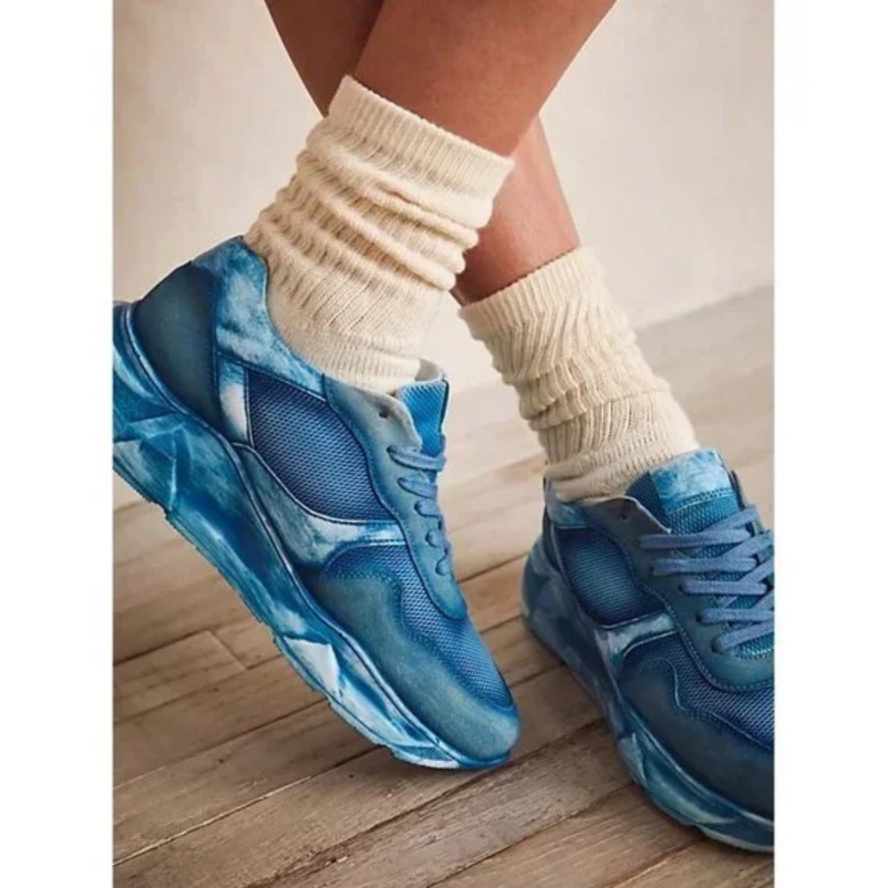 NEW Free People Let's Wander Washed Leather & Mesh Sneaker In Blue sz 39 8